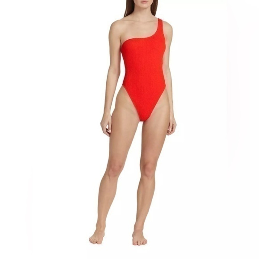 NWT Good American Always Fits Bright Poppy Red Crinkle One Shoulder Swimsuit 0